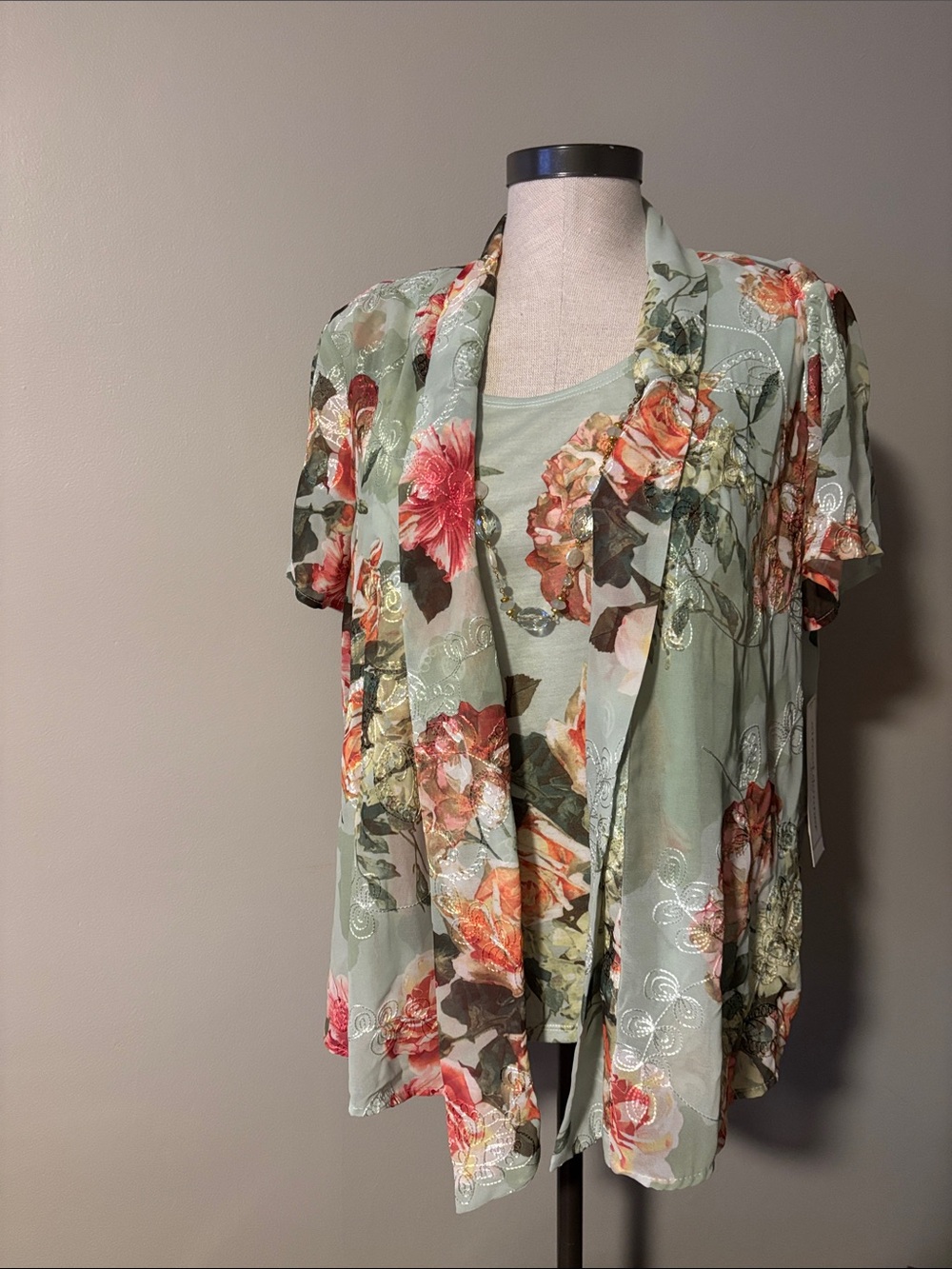 Alfred Dunner Mint Floral Layered Short Sleeve Top with Coral Accents